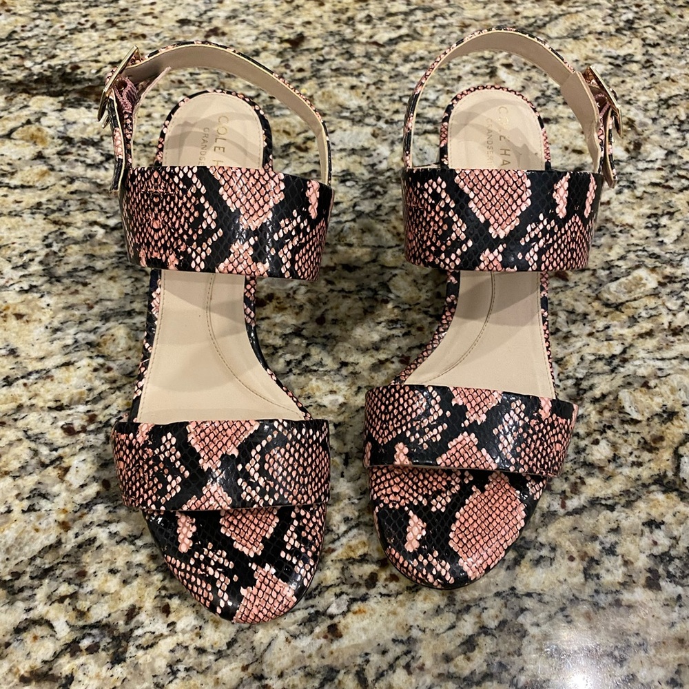 Cole Haan pink and black snakeskin 2.5” block heel. Size 7.5M